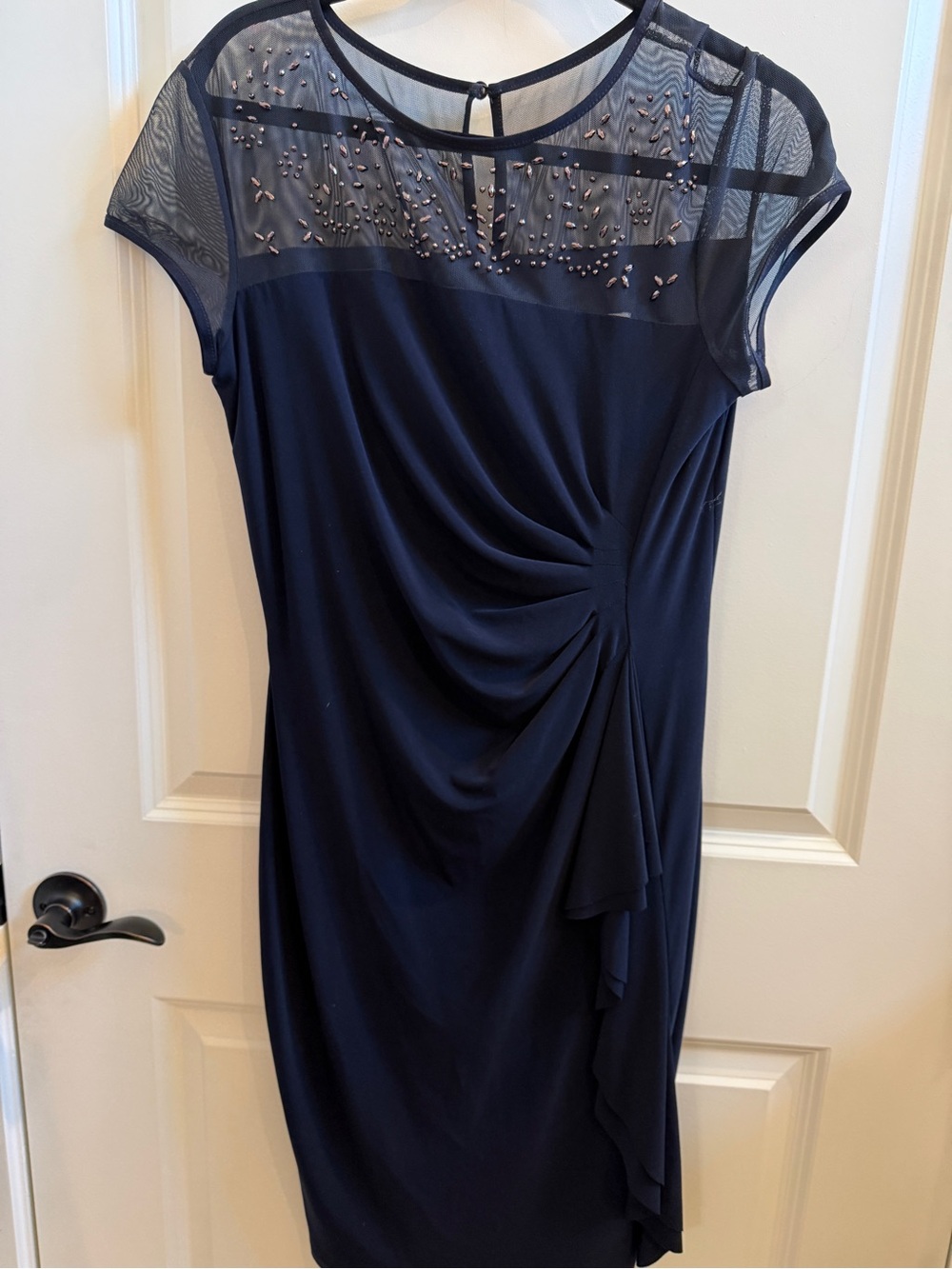 Joseph Ribkoff Navy Mesh Yoke Midi Dress with Bead Detail